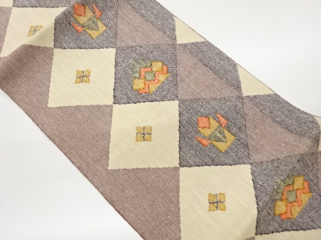 手織り真綿紬菱に幾何学模様織出し名古屋帯